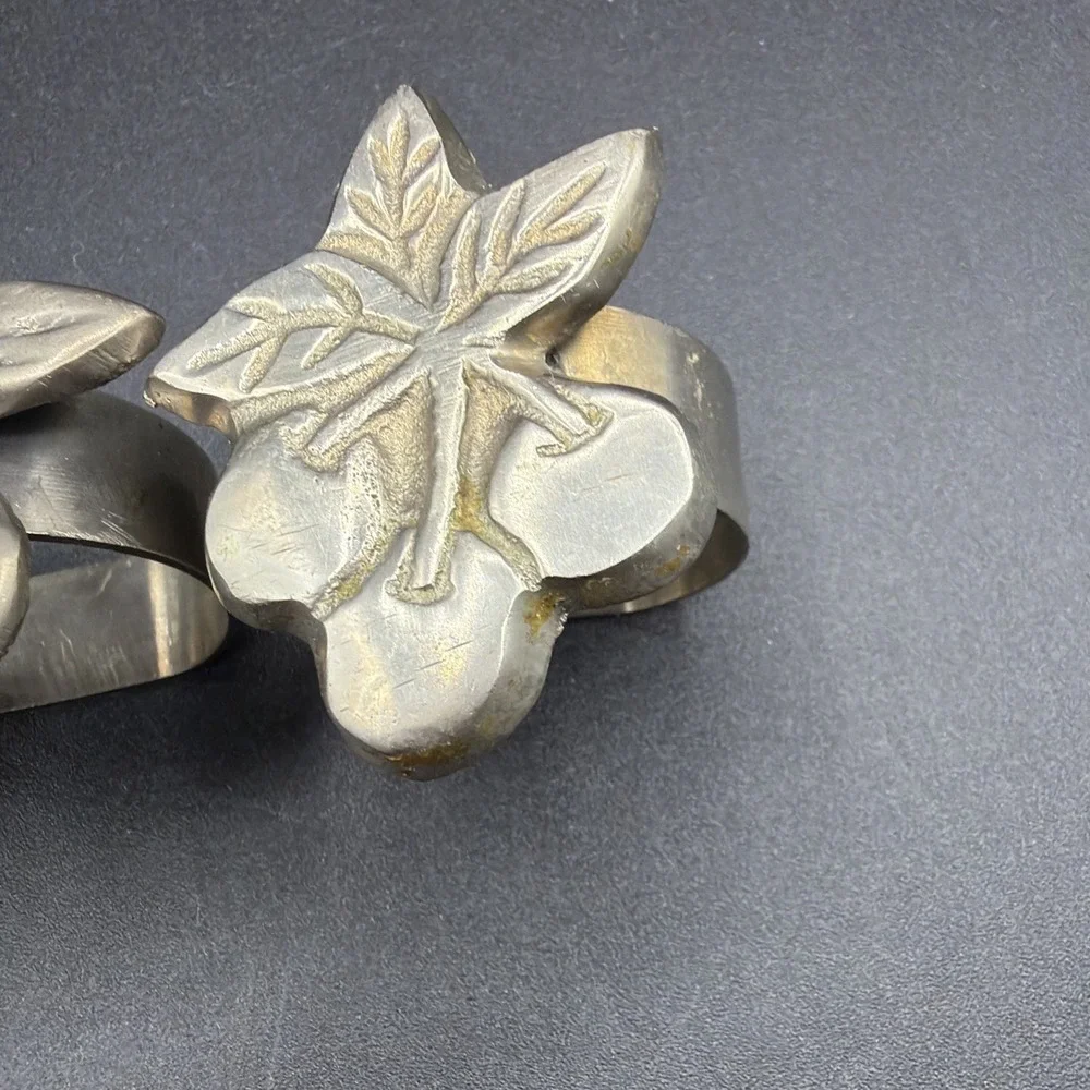 Vtg. Set of Four (4) Pewter Fruit Themed Napkin Rings-Apple-Grapes-Pear-Cherries